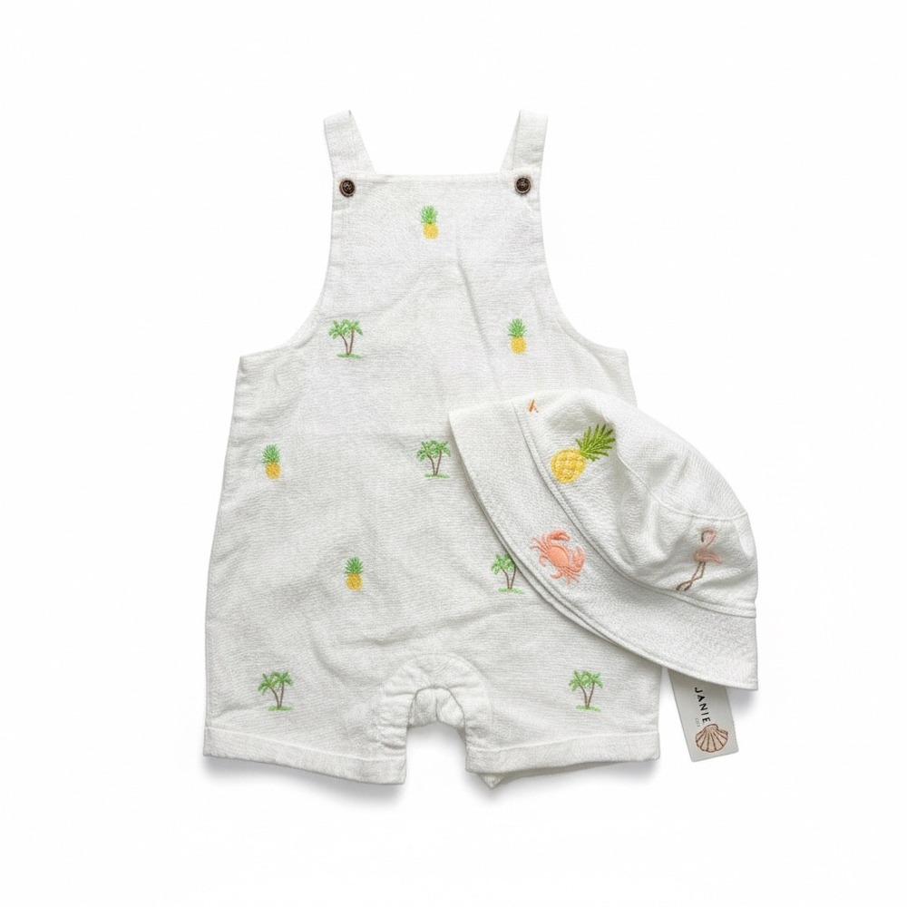 Janie & Jack Baby White Pineapple Overall+Sun Hat‎ 12-18 Mos NWT Summer Beach